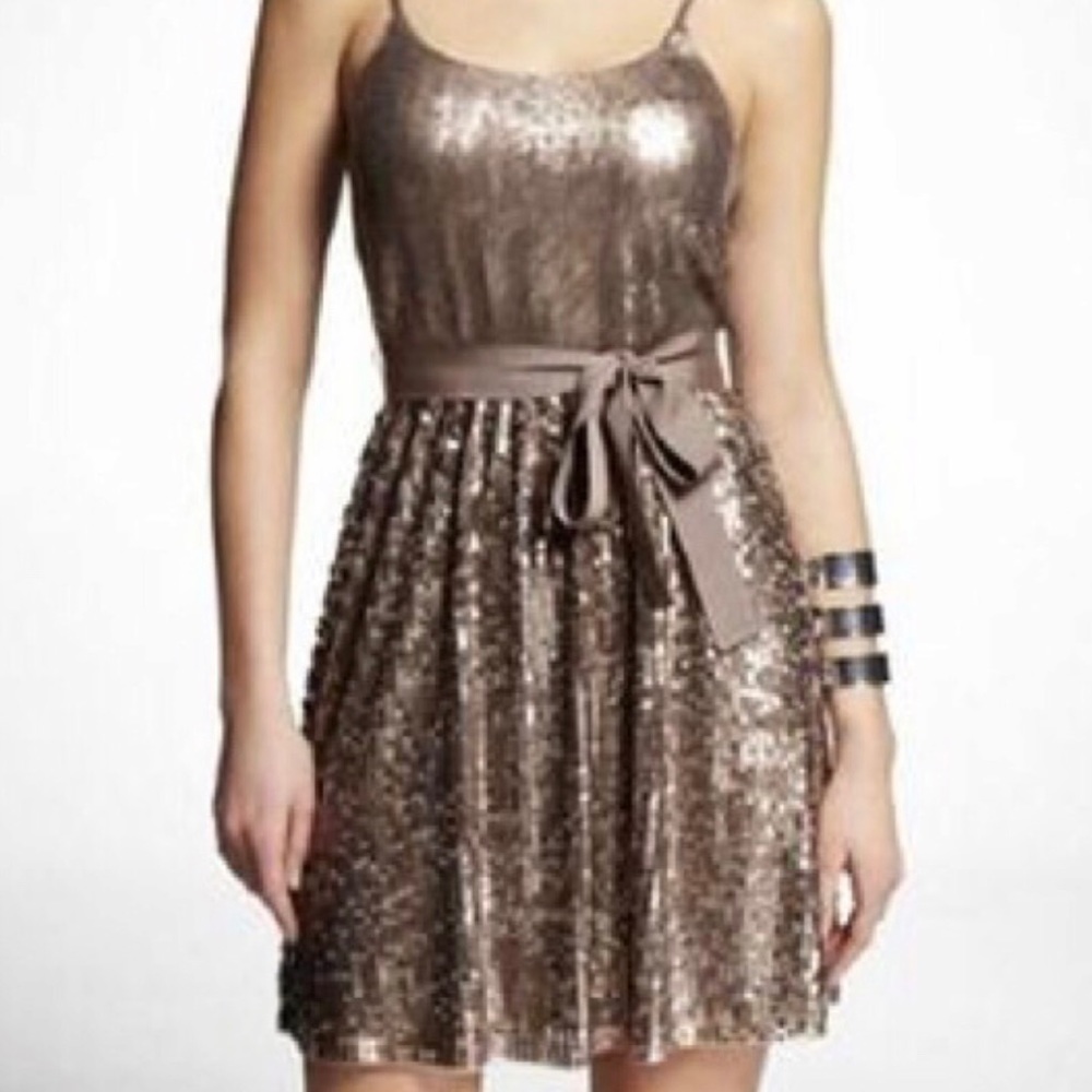 Taupe Sequin COCKTAIL DRESS W/ Ribbon Belt